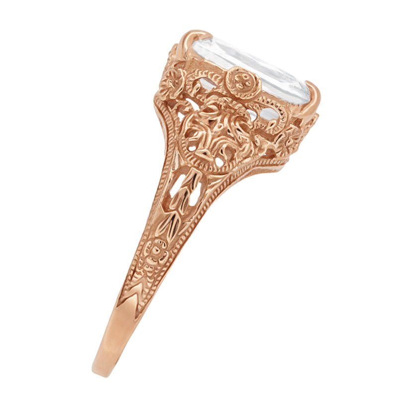 Rose Gold 4 Carat Emerald Cut Lab Created Diamond Edwardian Solitaire Engagement Ring - Item: R618RD-LC - Image: 4