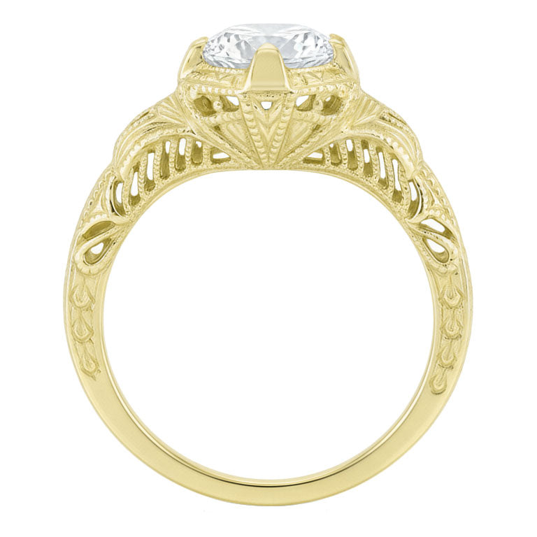 1920s Art Deco Filigree Yellow Gold Vintage Engraved Diamond Solitaire Engagement Ring - Item: R161Y75D-LC - Image: 2