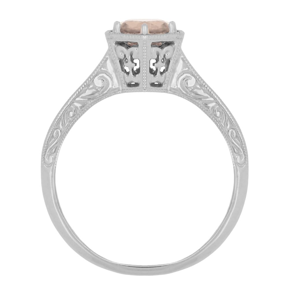 Filigree Engraved Art Deco Hexagon Morganite Ring in 14 Karat White Gold - Item: R180W75M - Image: 2