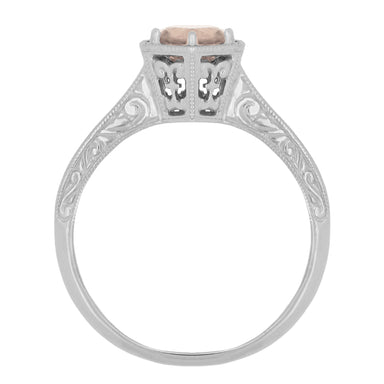 Filigree Engraved Art Deco Hexagon Morganite Ring in 14 Karat White Gold - alternate view