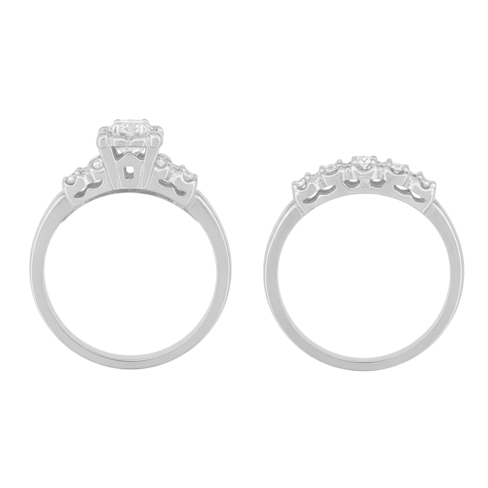 1950's Retro Moderne Lucky Clover Diamond Engagement Ring and Wedding Ring Set in 14K White Gold - Item: R674S-LC - Image: 4