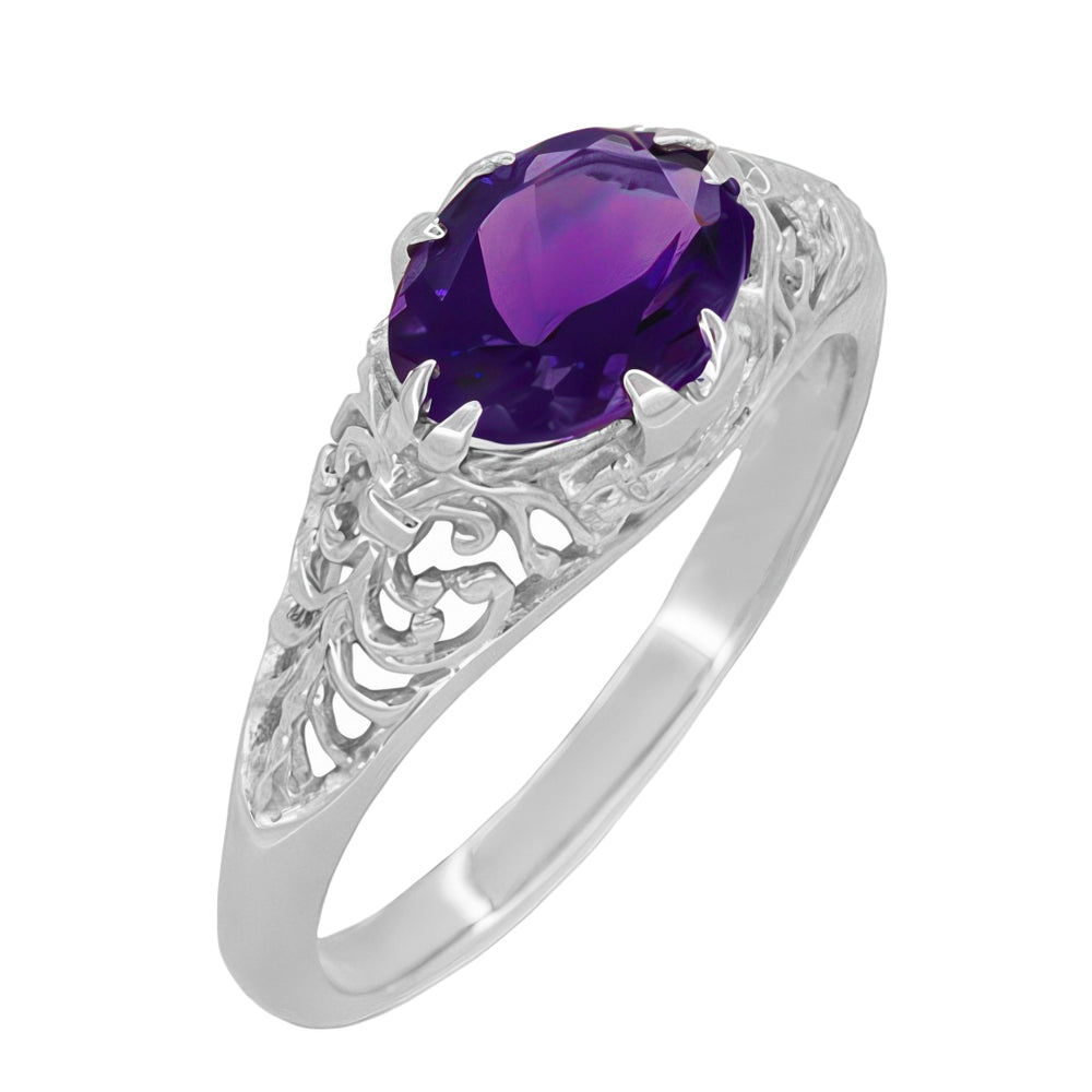 Edwardian Platinum Filigree Antique Style East to West Oval Amethyst Solitaire Ring - Item:  - Image: 4