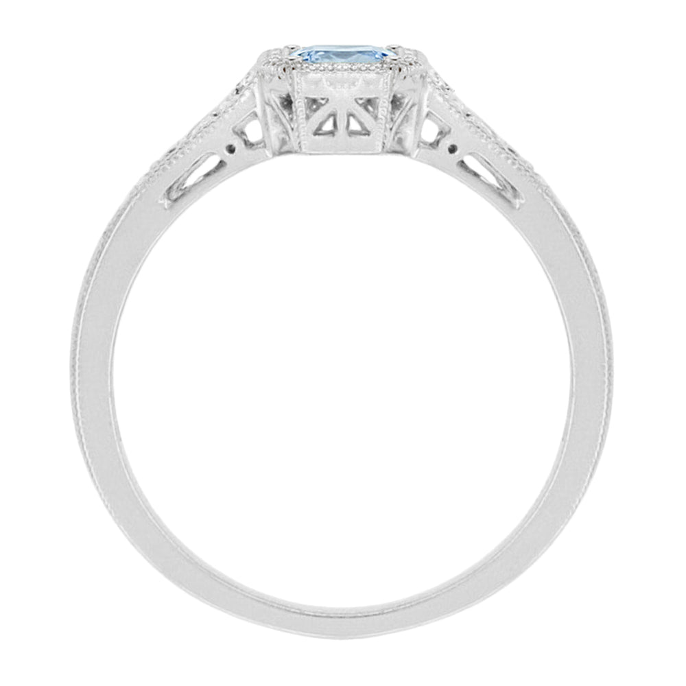 Art Deco Filigree Aquamarine and Diamond Engagement Ring in White Gold - 18K or 14K - Item: R298W14A - Image: 2