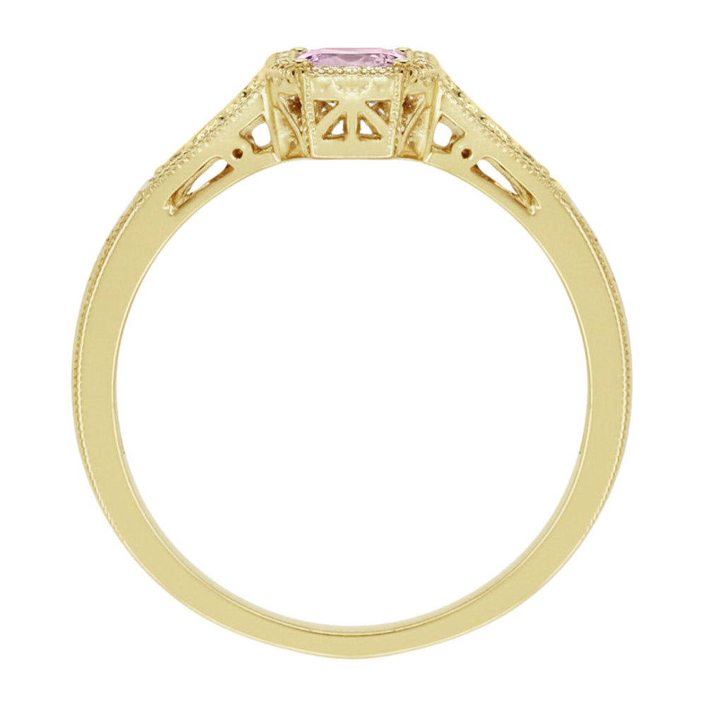 Yellow Gold Art Deco Filigree Natural Pink Sapphire Engagement Ring with Side Diamonds - 14K or 18K - Item: R298YPS - Image: 2