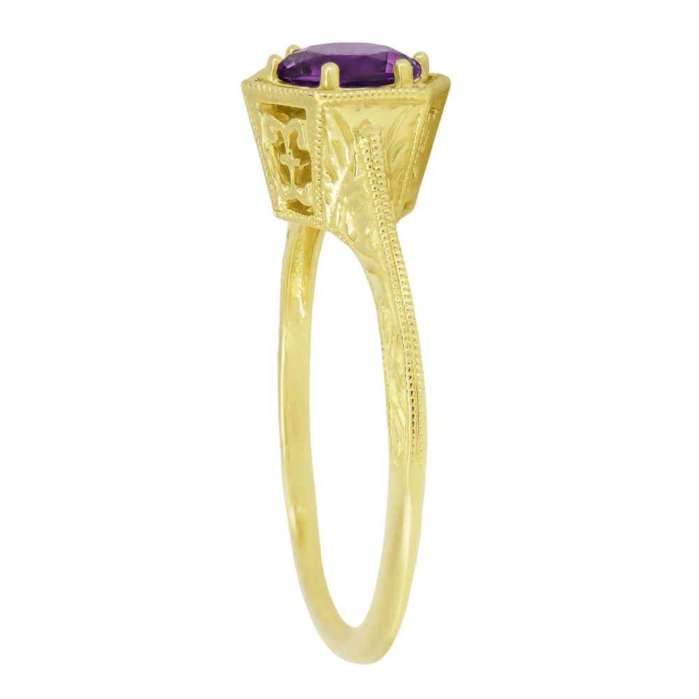 3/4 Carat Amethyst Art Deco Engraved Hexagon Filigree Ring in 14 Karat Yellow Gold - Item: R233Y - Image: 3