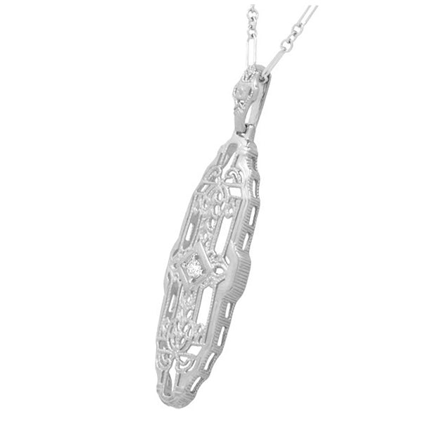 1920's Art Deco Filigree Lozenge Shape Diamond Pendant in Sterling Silver - Item: N165WD - Image: 2