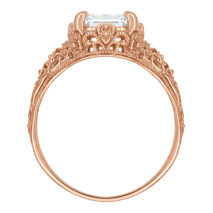 Rose Gold 4 Carat Emerald Cut Lab Created Diamond Edwardian Solitaire Engagement Ring - Item: R618RD-LC - Image: 2