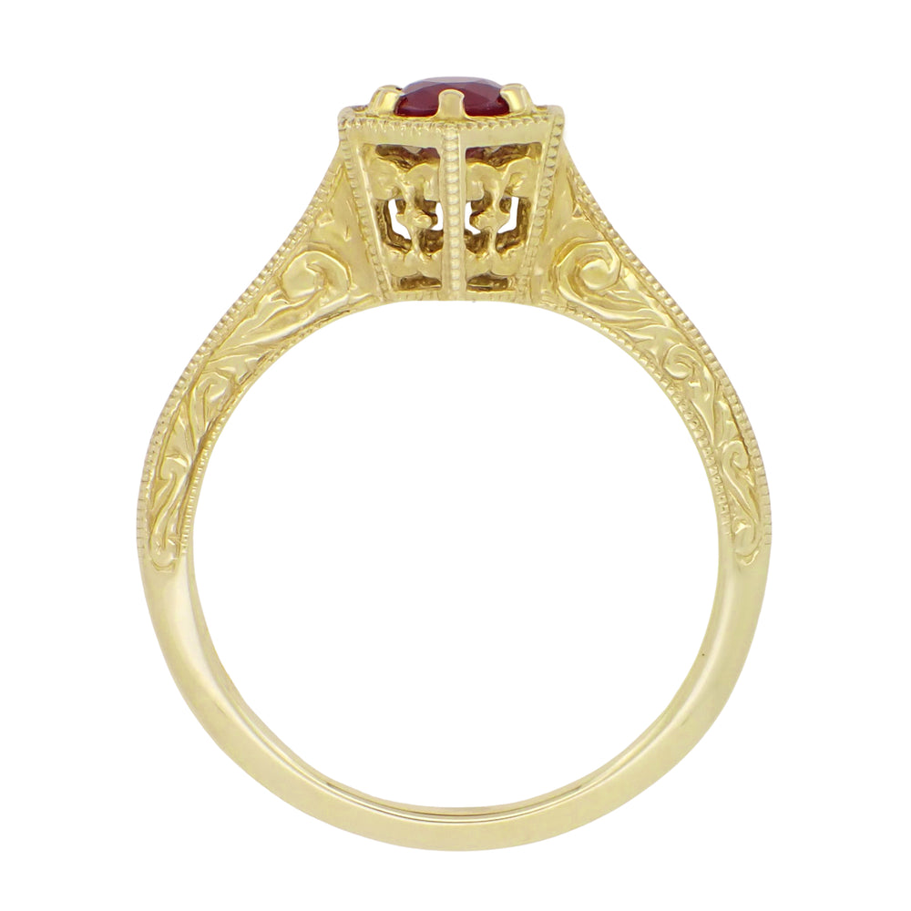 Art Deco Filigree Halo Hexagon Ruby Ring in 14K Yellow Gold - July Birthstone - Item: R180Y33R - Image: 2