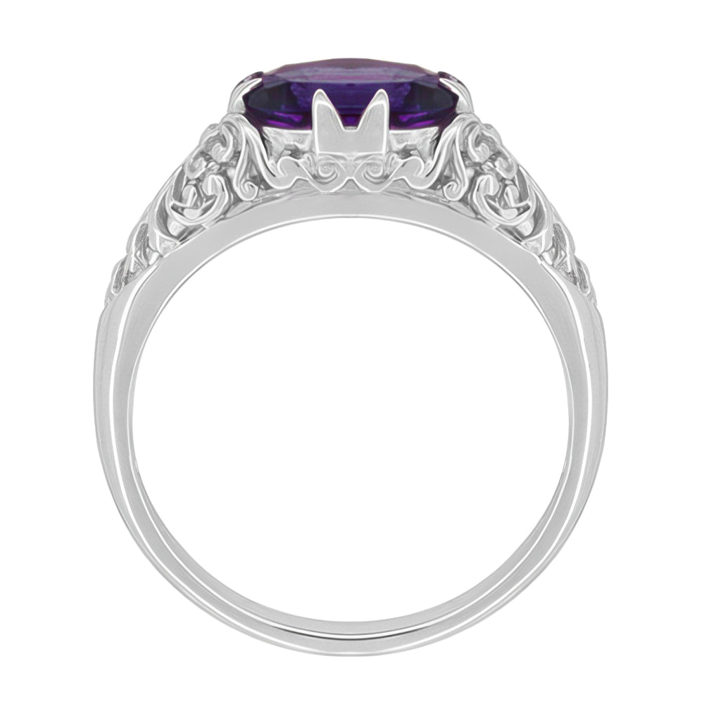 Edwardian Platinum Filigree Antique Style East to West Oval Amethyst Solitaire Ring - Item:  - Image: 2