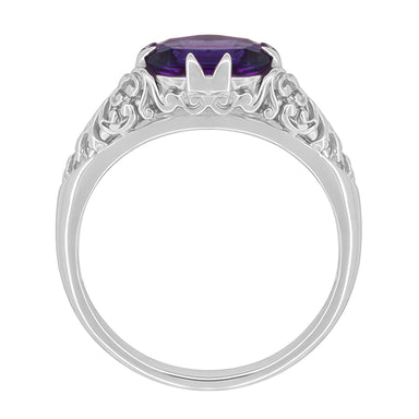 Edwardian Platinum Filigree Antique Style East to West Oval Amethyst Solitaire Ring - alternate view