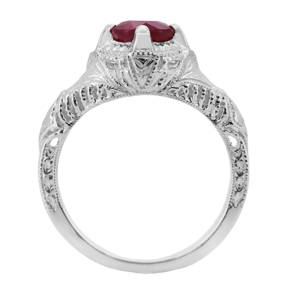 Art Deco Engraved Filigree 1.20 Carat Ruby Promise Ring in Sterling Silver - Item: SSR161R - Image: 2