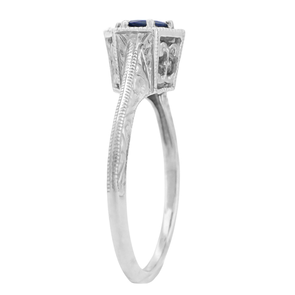 Hexagon Art Deco Filigree Blue Sapphire Engagement Ring in 14 Karat White Gold - Item: R257 - Image: 3