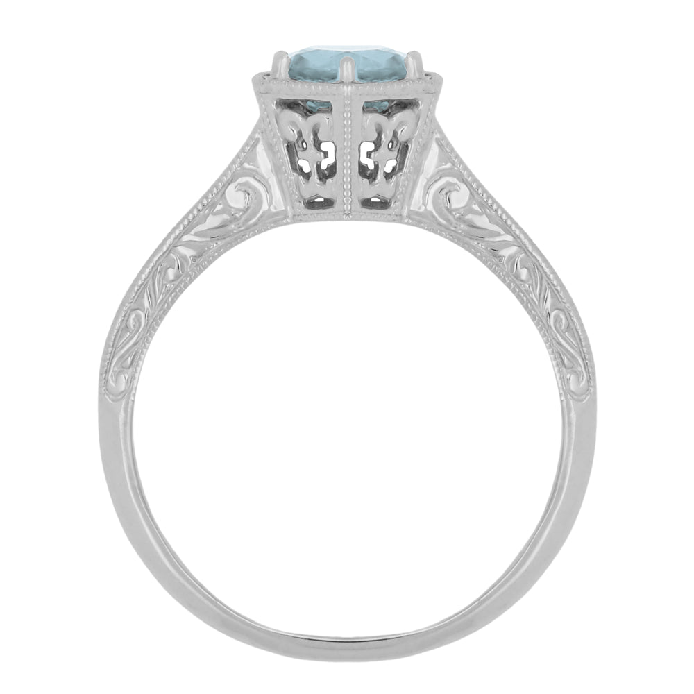 Filigree Hexagon Art Deco Engraved 3/4 Carat Aquamarine Engagement Ring in 14K White Gold - Item: R180 - Image: 2