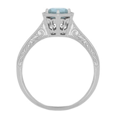 Filigree Hexagon Art Deco Engraved 3/4 Carat Aquamarine Engagement Ring in 14K White Gold - alternate view