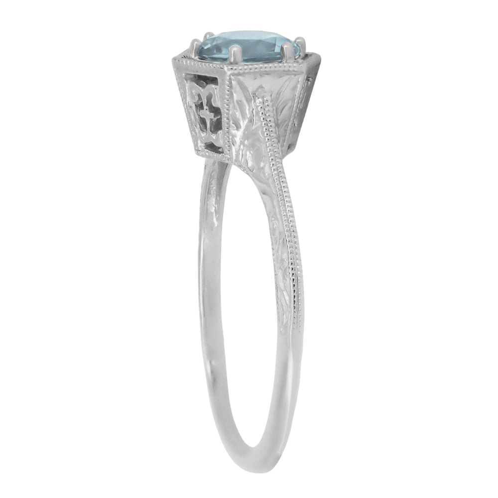 Filigree Hexagon Art Deco Engraved 3/4 Carat Aquamarine Engagement Ring in 14K White Gold - Item: R180 - Image: 3