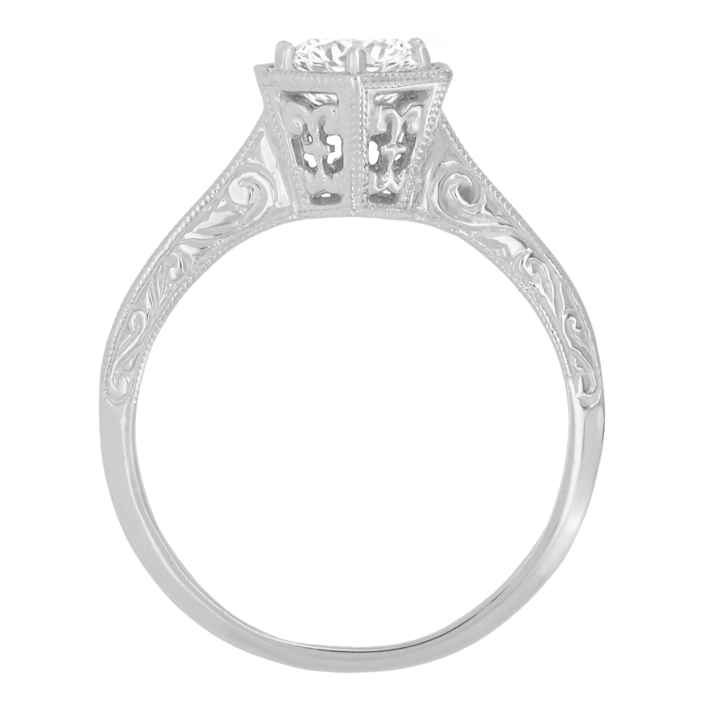 Side Filigree Detail on Art Deco Vintage Solitaire Hexagon Engagement Ring in White Gold - R180W75D