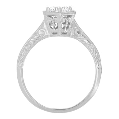 Art Deco Hexagonal Vintage Design Solitaire Diamond Filigree Engagement Ring in 14K White Gold - Engraved Scrolls - alternate view