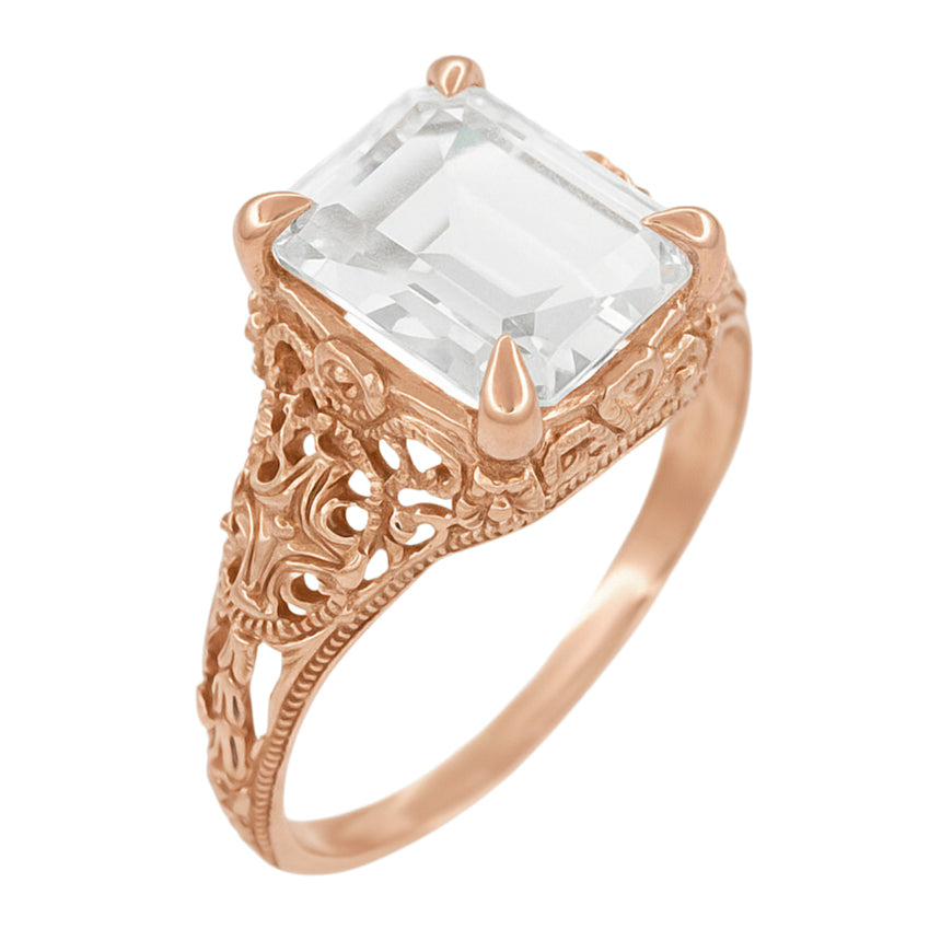 Rose Gold 4 Carat Emerald Cut Lab Created Diamond Edwardian Solitaire Engagement Ring - Item: R618RD-LC - Image: 3