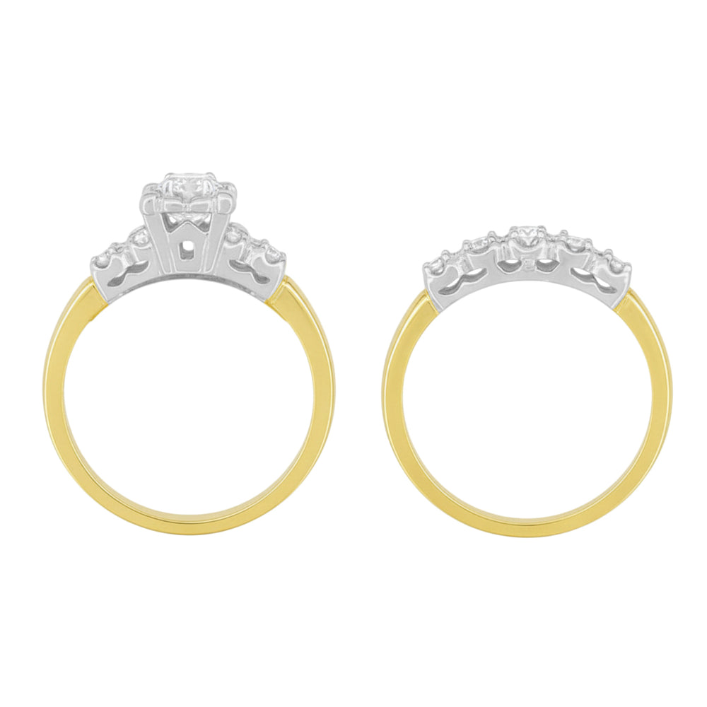 Lucky Clover Vintage 1950s Mixed Metals Yellow & White Gold Diamond Wedding & Engagement Ring Set - Item: R674YWS-LC - Image: 5