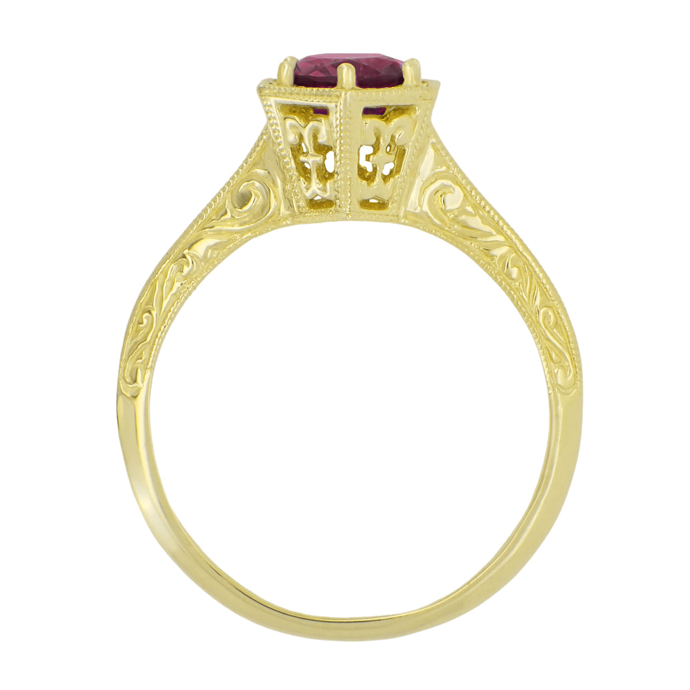 Art Deco 1.20 Carat Rhodolite Garnet Engraved Hexagon Filigree Engagement Ring in 14K Yellow Gold - Item: R180Y75G - Image: 2