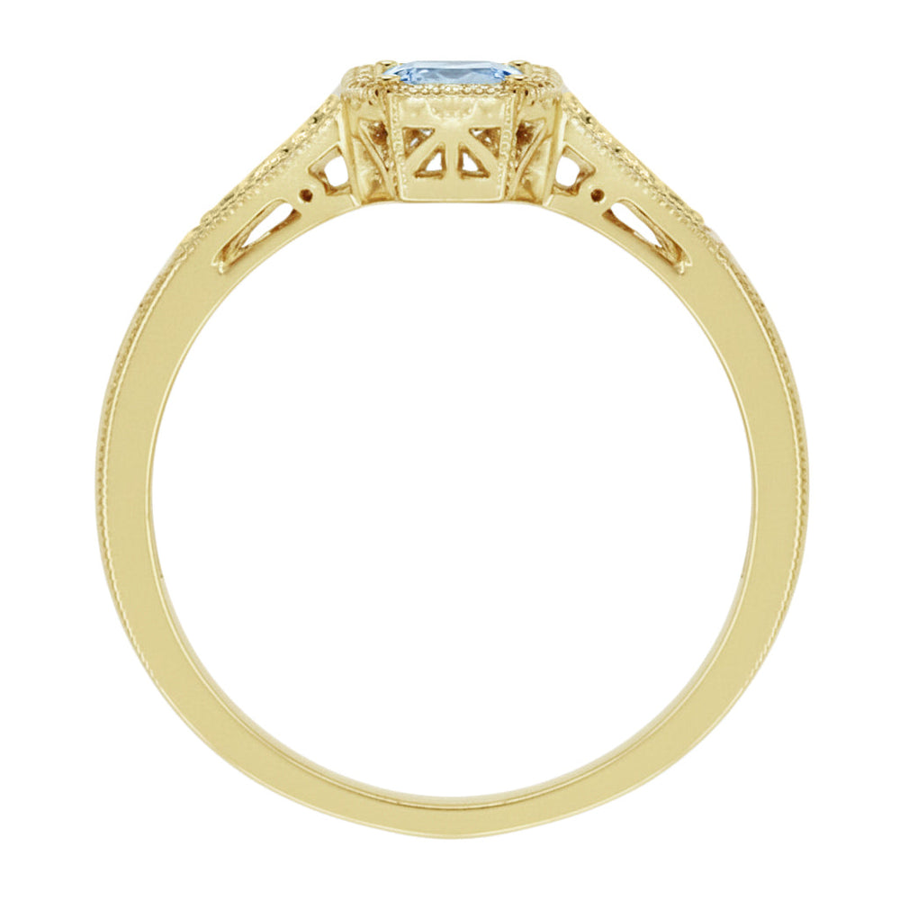 1930's Vintage Style Art Deco Filigree Aquamarine Engagement Ring with Side Diamonds in Yellow Gold - Item: R298YA - Image: 3