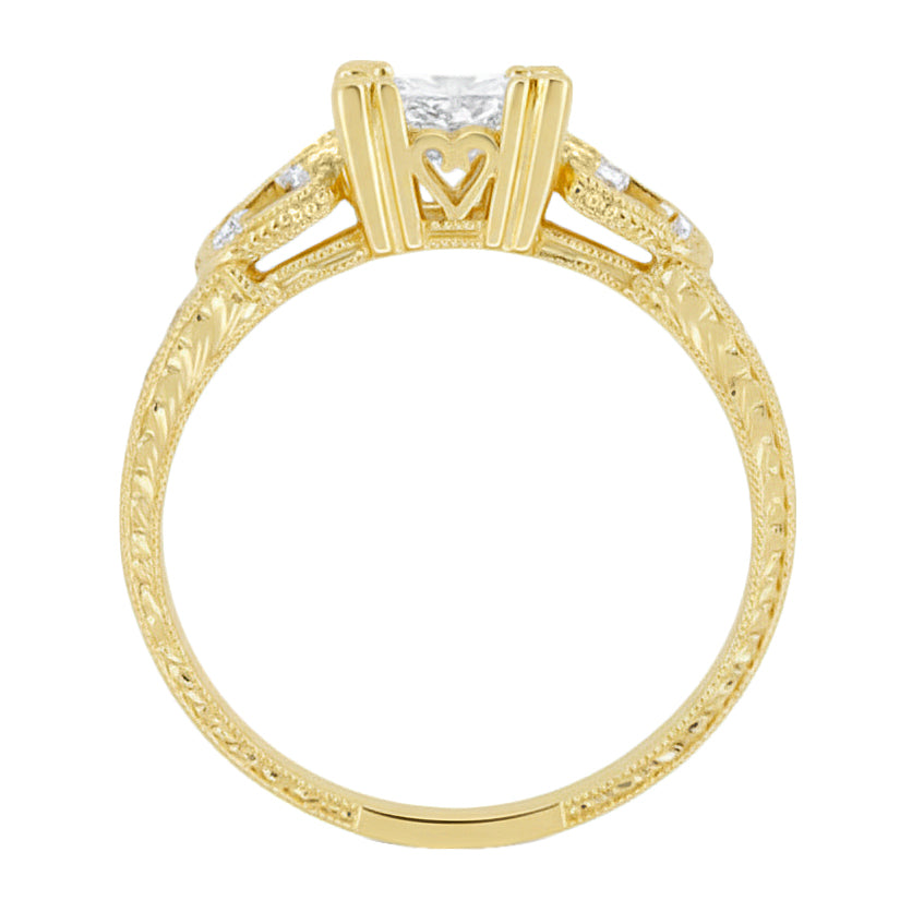 Yellow Gold Loving Hearts 1 Carat Princess Cut Diamond Antique Style Engraved Art Deco Engagement Ring - Item: R459Y1D14K-LC - Image: 2
