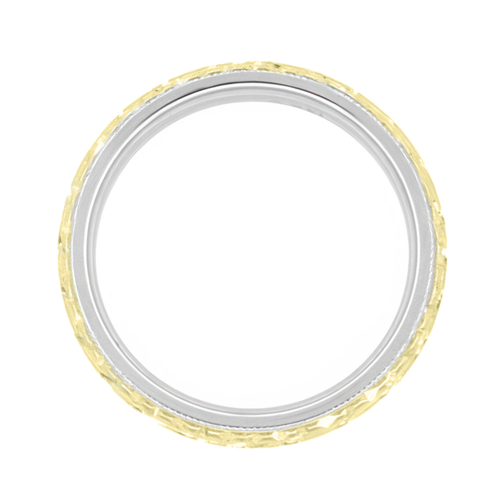 Art Deco Mixed Metals Millgrain Edge Hand Engraved Wheat Wedding Ring in 14 Karat Two Tone White and Yellow Gold - 4mm Wide - Item: R636YW - Image: 4