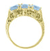 Edwardian Yellow Gold Filigree Three Stone Oval Trio Aquamarine Ring