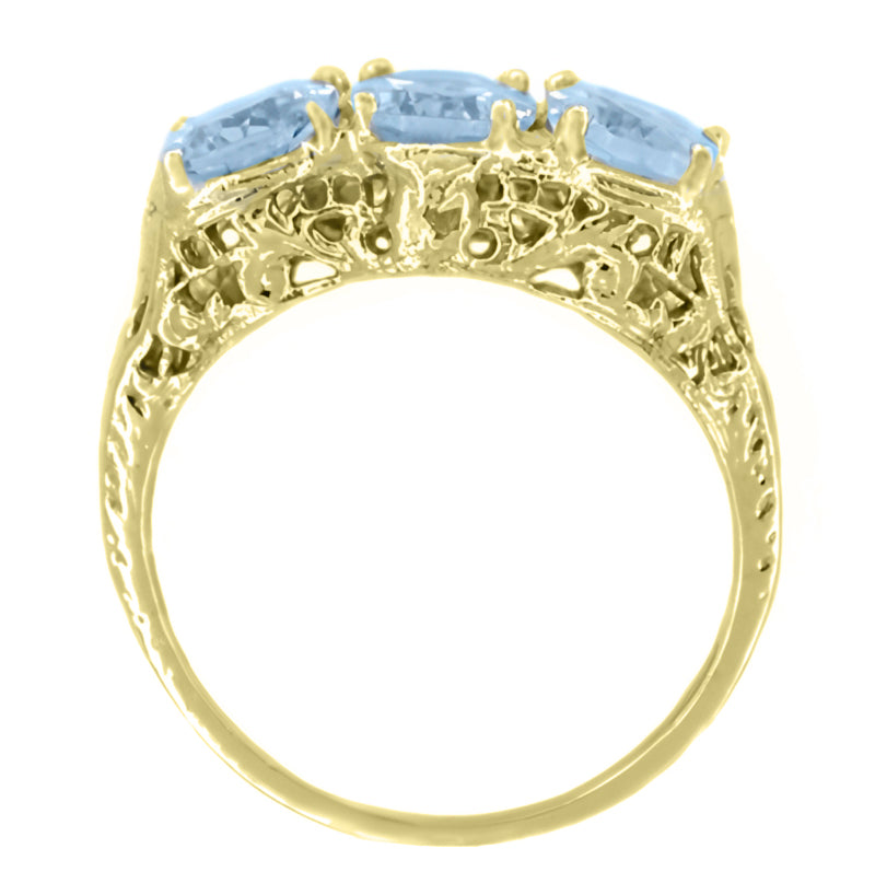 Edwardian Yellow Gold Filigree Three Stone Oval Trio Aquamarine Ring - Item: R190Y - Image: 2