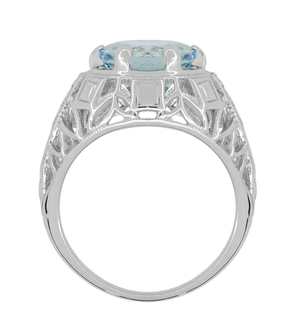 Art Deco Filigree Aquamarine and Diamonds Dome Statement Ring in 14 Karat White Gold - Item: R800WA - Image: 5