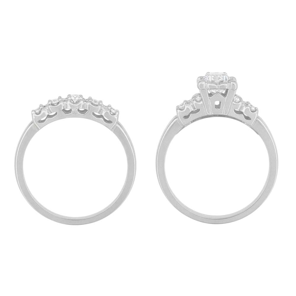 Retro Mid Century Modern Platinum Lucky Clover Diamond Engagement Ring & Wedding Band Set - Item: R674PS - Image: 3