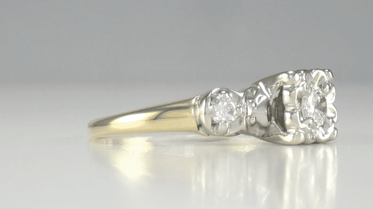 Square Top 1950's Vintage Diamond Engagement Ring in 14K Two-Tone White and Yellow Gold - Item: R732-10 - Image: 4