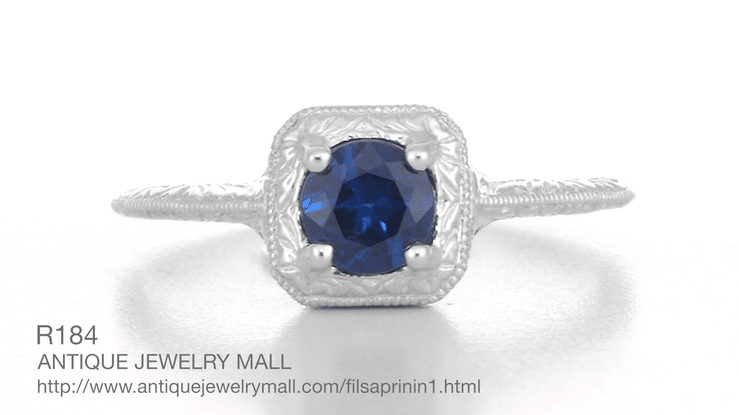 Filigree Scrolls Engraved Art Deco Blue Sapphire Engagement Ring in 14 Karat White Gold - Item: R184 - Image: 6