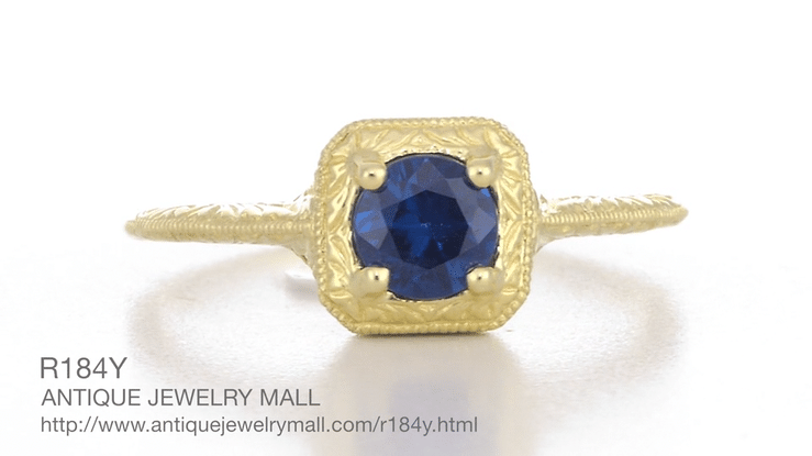 Filigree Scrolls Engraved Sapphire Engagement Ring in 14 Karat Yellow Gold - Item: R184Y - Image: 6