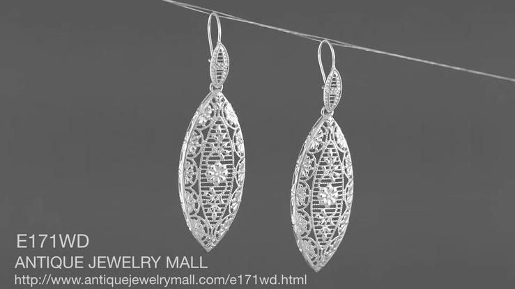 Sterling Silver Art Deco Dangling Leaf Filigree Diamond Earrings - Item: E171WD - Image: 5