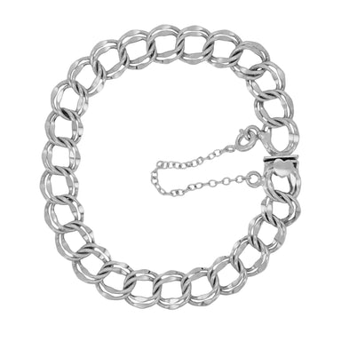 Sterling Silver 1960's Vintage Double Circle Curb Chain Link Charm Bracelet - 7 Inches