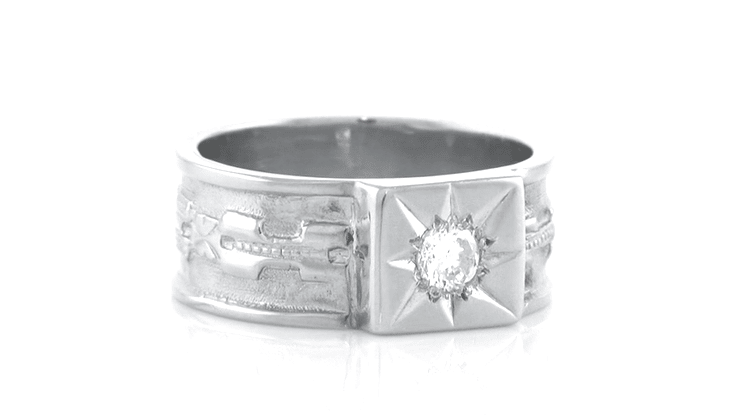 Baxter Sterling Silver Antique Style Victorian Starburst Diamond Wide Wedding Ring - 7.4mm Wide - Item: SSR1212-LC - Image: 4