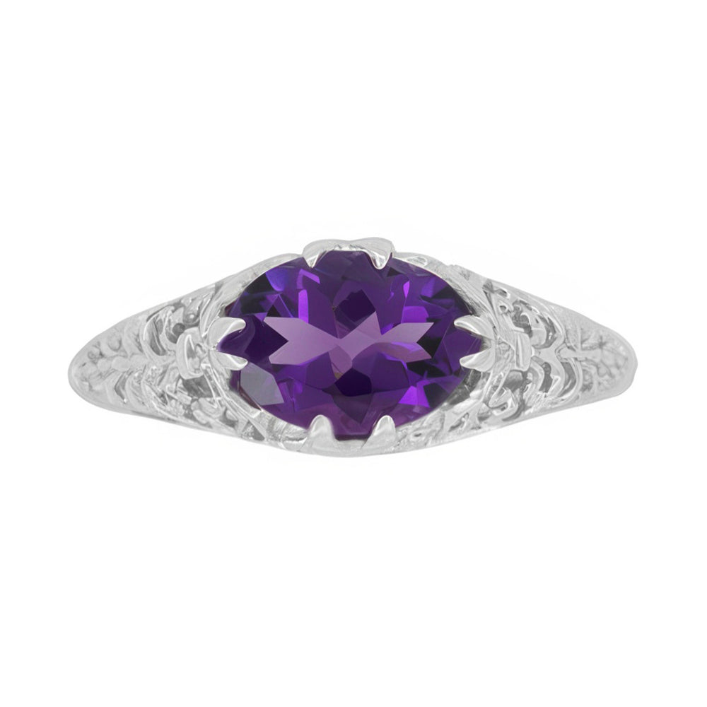 Edwardian Platinum Filigree Antique Style East to West Oval Amethyst Solitaire Ring - Item:  - Image: 5