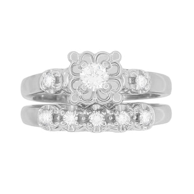 Retro Mid Century Modern Platinum Lucky Clover Diamond Engagement Ring & Wedding Band Set - alternate view