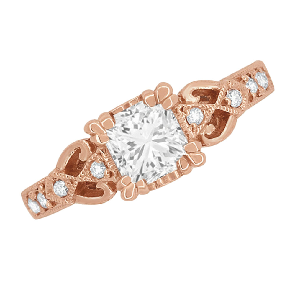 Rose Gold Loving Hearts 1 Carat Princess Cut Diamond Vintage Inspired Engraved Art Deco Engagement Ring - Item: R459R1D-LC - Image: 4