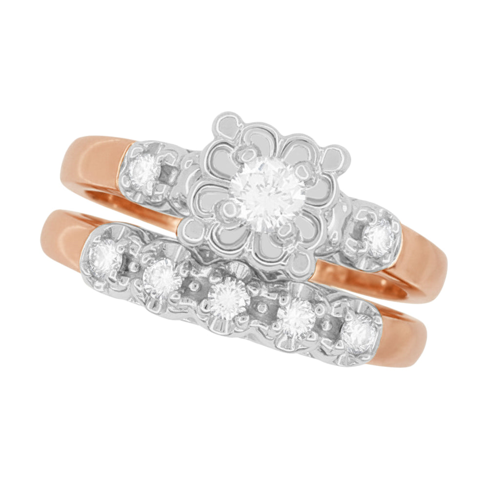 Lucky Clover Vintage 1950s Two-Tone Rose Gold & White Gold Diamond Wedding & Engagement Ring Set - Item: R674RWS-LC - Image: 2