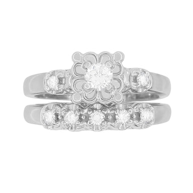 1950's Retro Moderne Lucky Clover Diamond Engagement Ring and Wedding Ring Set in 14K White Gold - alternate view