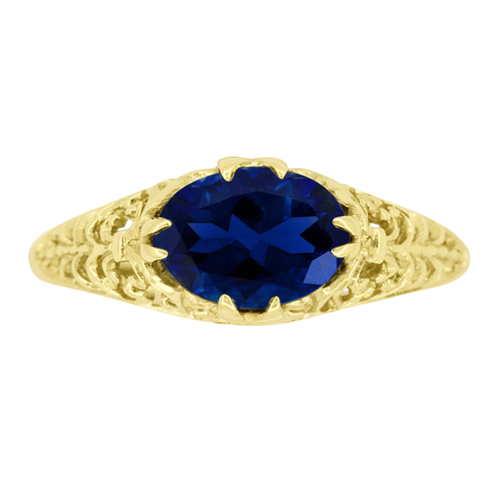 Yellow Gold Edwardian Filigree East to West Oval Blue Sapphire Solitaire Engagement Ring - Item: R799YS - Image: 4