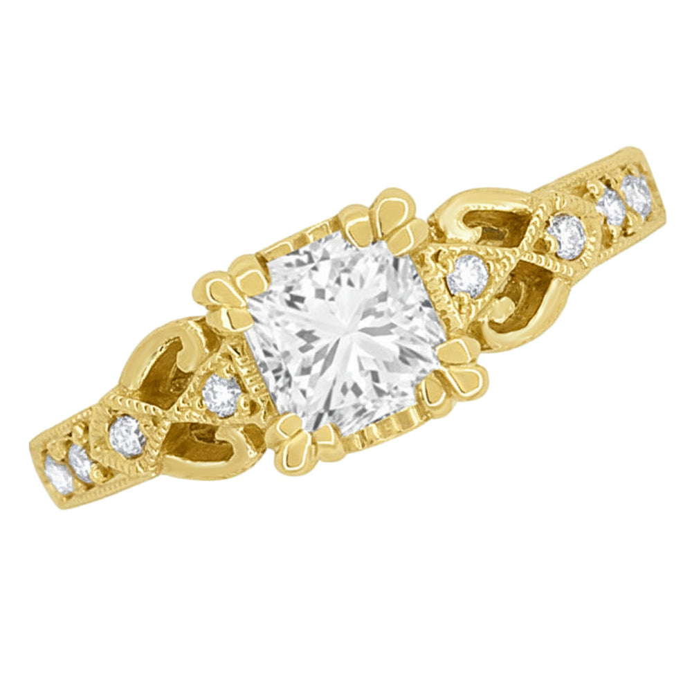 Yellow Gold Loving Hearts 1 Carat Princess Cut Diamond Antique Style Engraved Art Deco Engagement Ring - Item: R459Y1D14K-LC - Image: 4