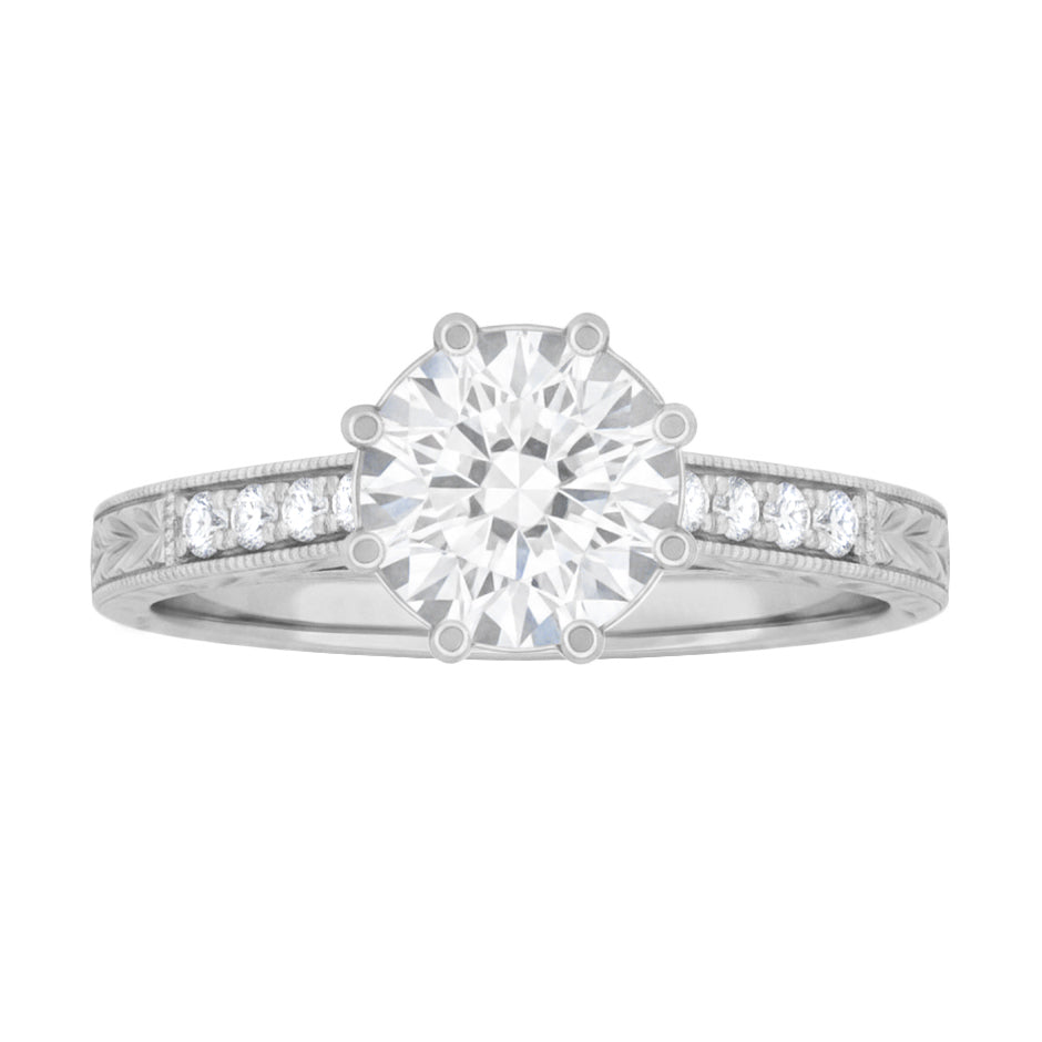 Royal Crown Antique Style Engraved White Gold Engagement Ring Setting for a 1 - 1.25 Carat Round Diamond - Item: R460W14K1-LC - Image: 2