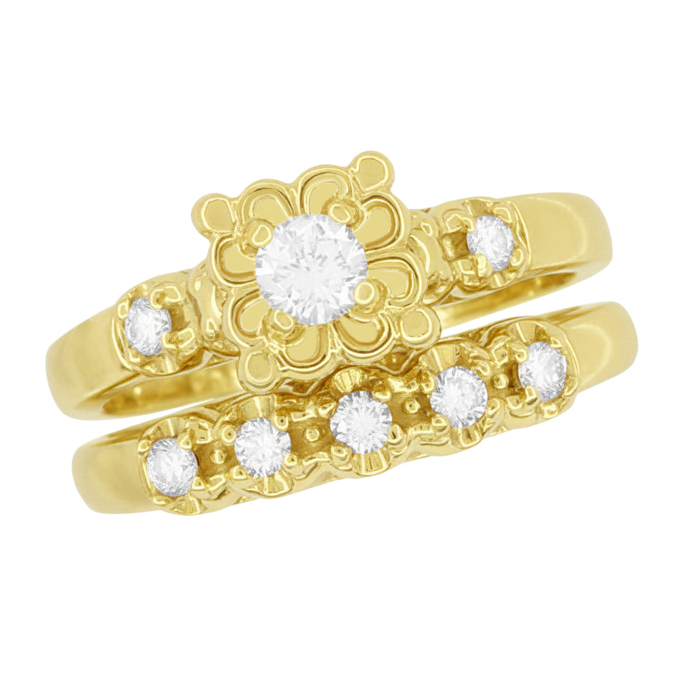 Lucky Clover Retro Modern Diamond Engagement Ring and Wedding Ring Set in 14 Karat Yellow Gold - Item: R674YS-LC - Image: 2