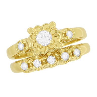 Lucky Clover Retro Modern Diamond Engagement Ring and Wedding Ring Set in 14 Karat Yellow Gold - alternate view