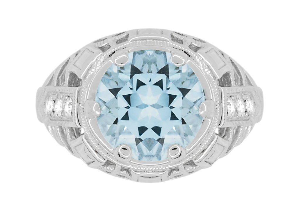Art Deco Filigree Aquamarine and Diamonds Dome Statement Ring in 14 Karat White Gold - Item: R800WA - Image: 2