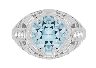 Art Deco Filigree Aquamarine and Diamonds Dome Statement Ring in 14 Karat White Gold - alternate view