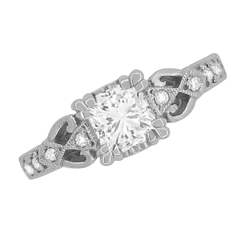 Art Deco Platinum Loving Hearts 1 Carat Square Princess Cut Diamond Engraved Engagement Ring - Item: R459P1D-LC - Image: 4